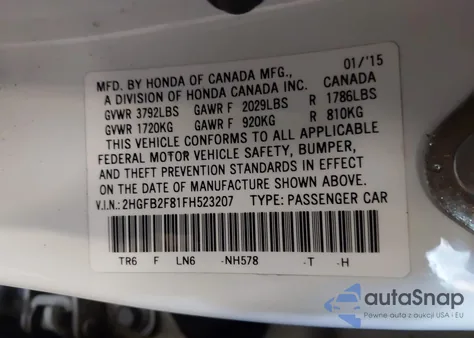 2015 Honda Civic Ex из США, поврежденный, VIN 2HGFB2F81FH523207